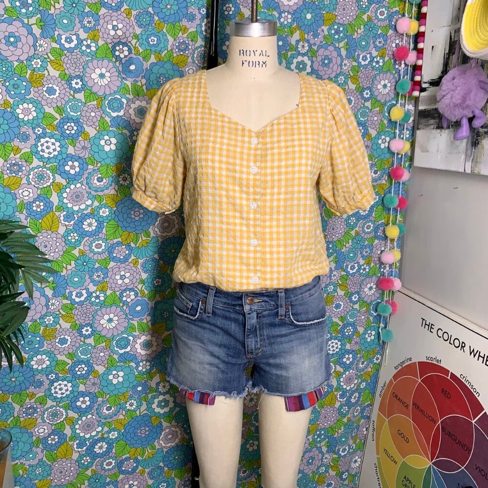 Aesop Yellow Gingham Sweetheart Neckline Button up Blouse  Size:S